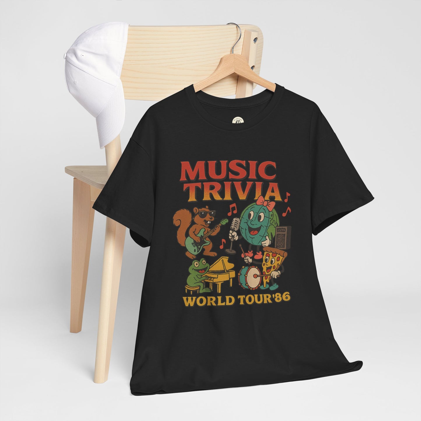 Black music trivia t-shirt with cartoon animals playing instruments World Tour 86 design