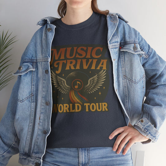 Black music trivia t-shirt with vintage wings and world tour graphic worn with denim jacket