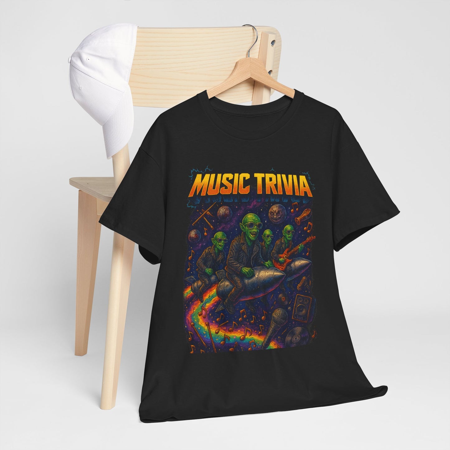 Black music trivia t-shirt with colorful alien rock band riding a rocket design from Printify