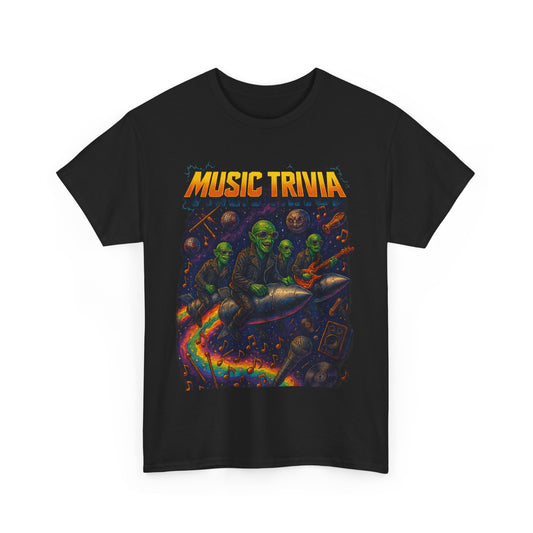 Black Printify music trivia t-shirt with colorful alien musicians riding a rocket design