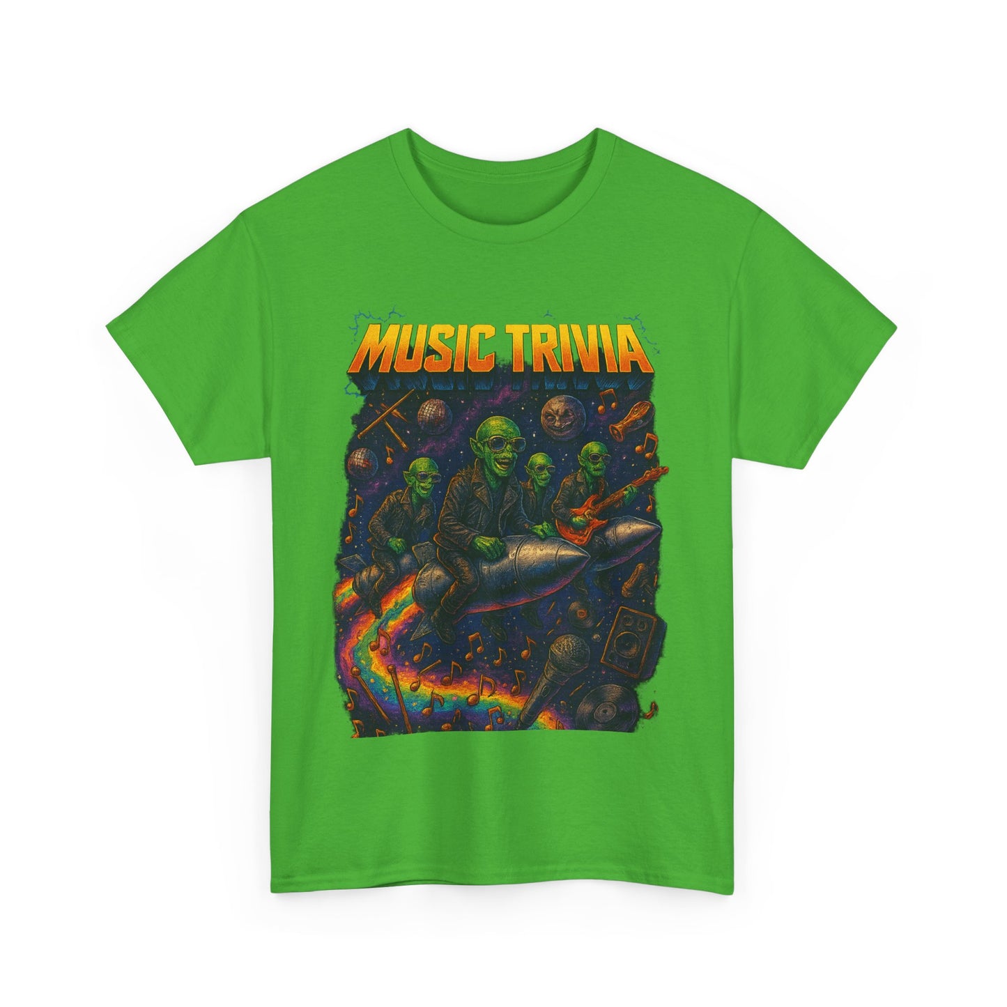 Green Printify music trivia t-shirt featuring a colorful skeleton band riding a rocket with musical notes