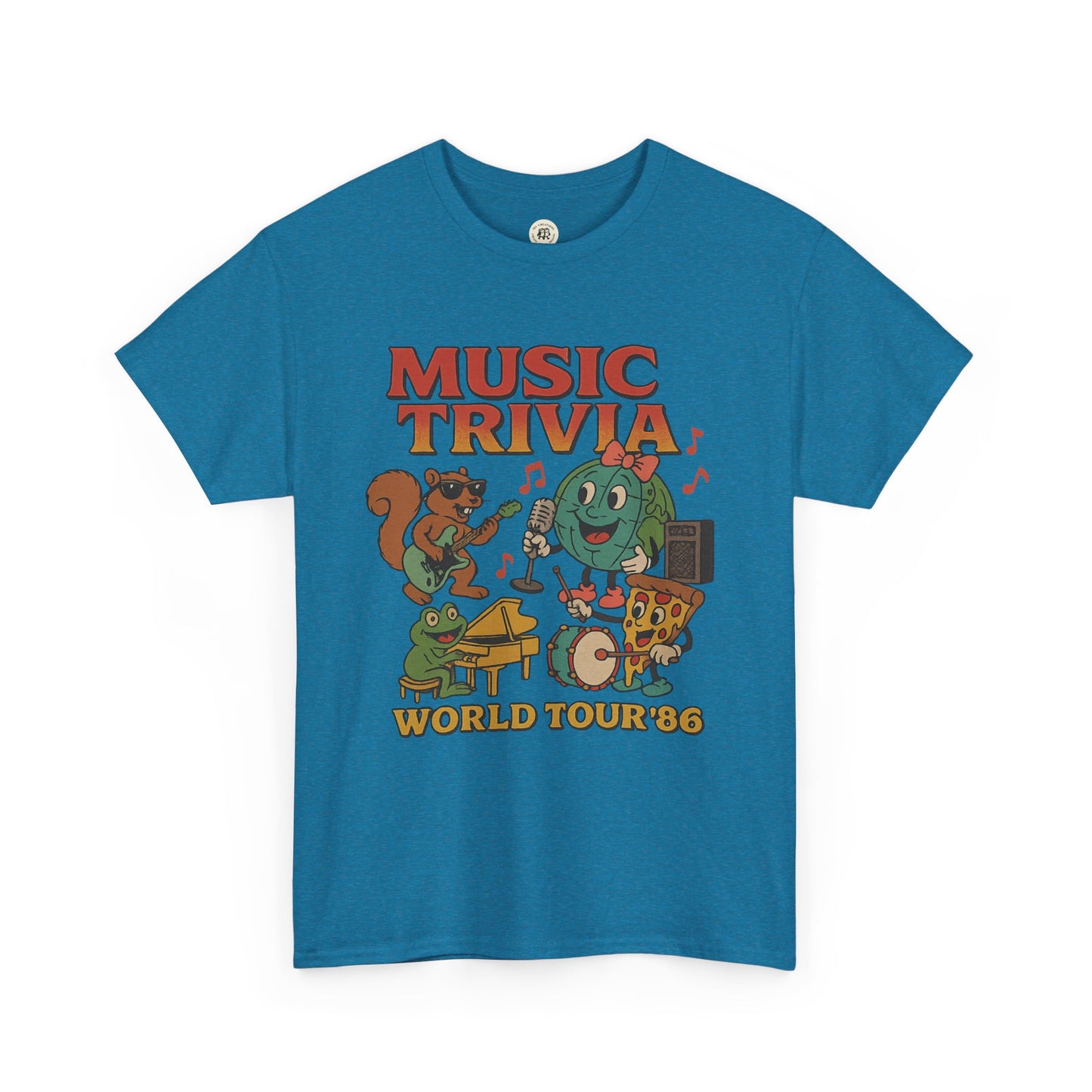 Blue Printify music trivia t-shirt featuring cartoon characters and World Tour 86 graphic