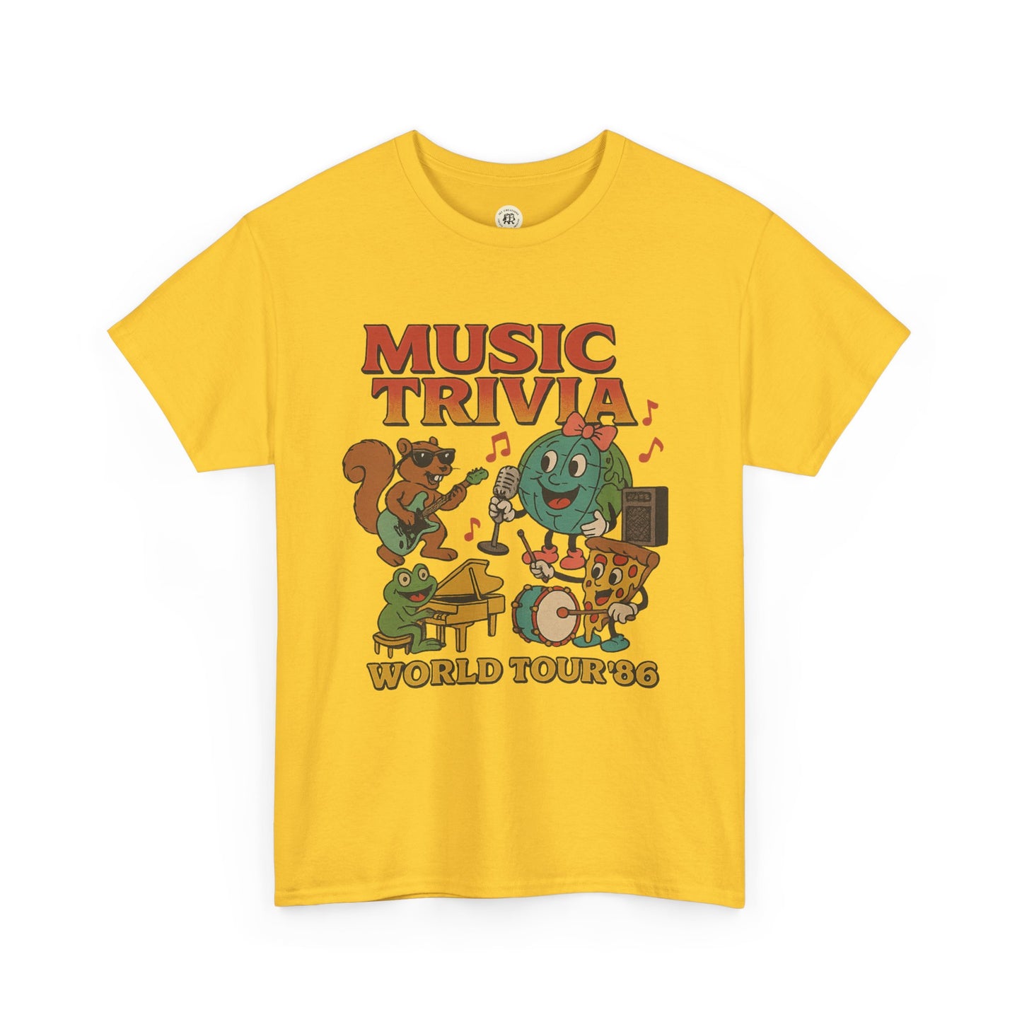Yellow music trivia t-shirt by Printify featuring cartoon animal band and World Tour 86 design