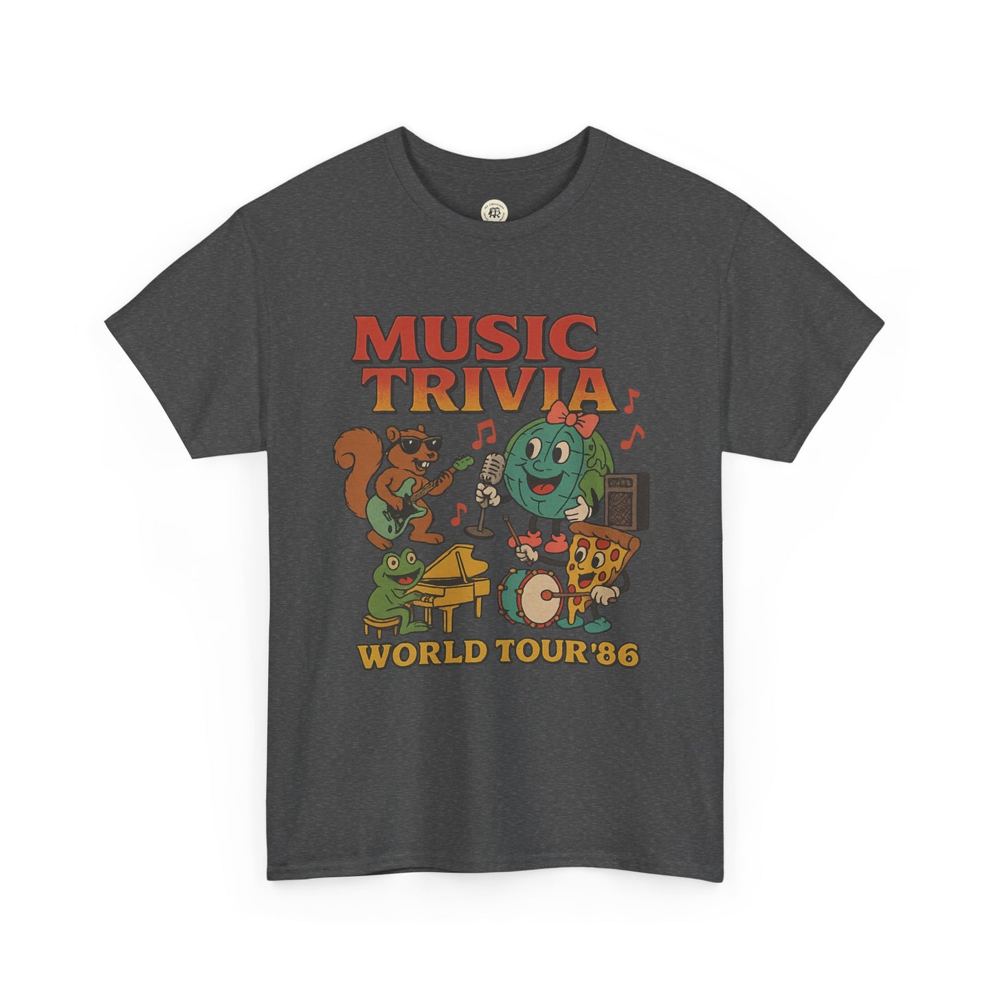 Dark gray music trivia t-shirt with colorful cartoon characters and World Tour 86 design