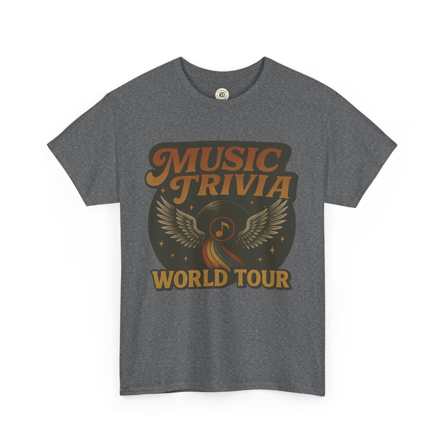 Gray Printify music trivia t-shirt with vintage world tour graphic and winged music note design