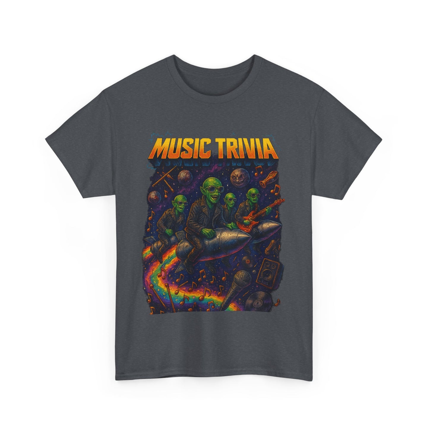 Dark gray music trivia t-shirt by Printify featuring colorful aliens riding a rocket with musical instruments