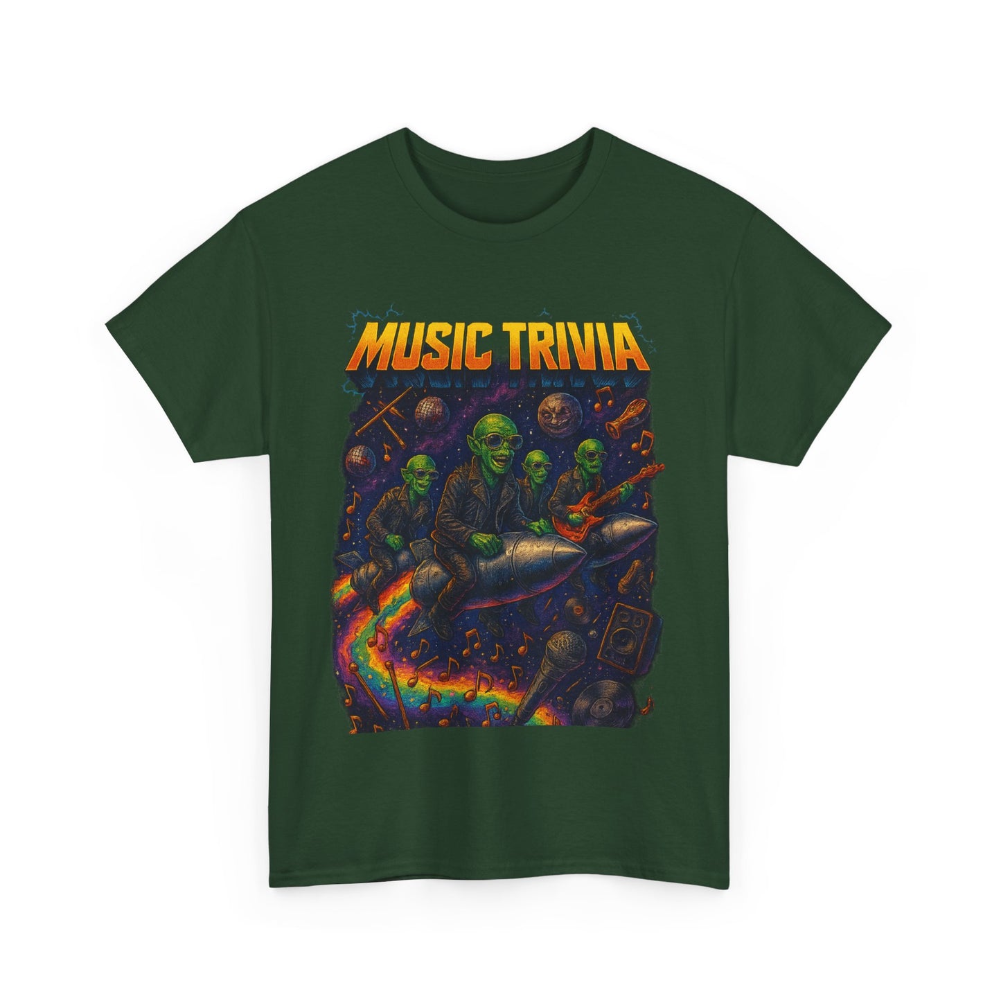 Green music trivia t-shirt by Printify featuring colorful zombie band riding a rocket with musical notes