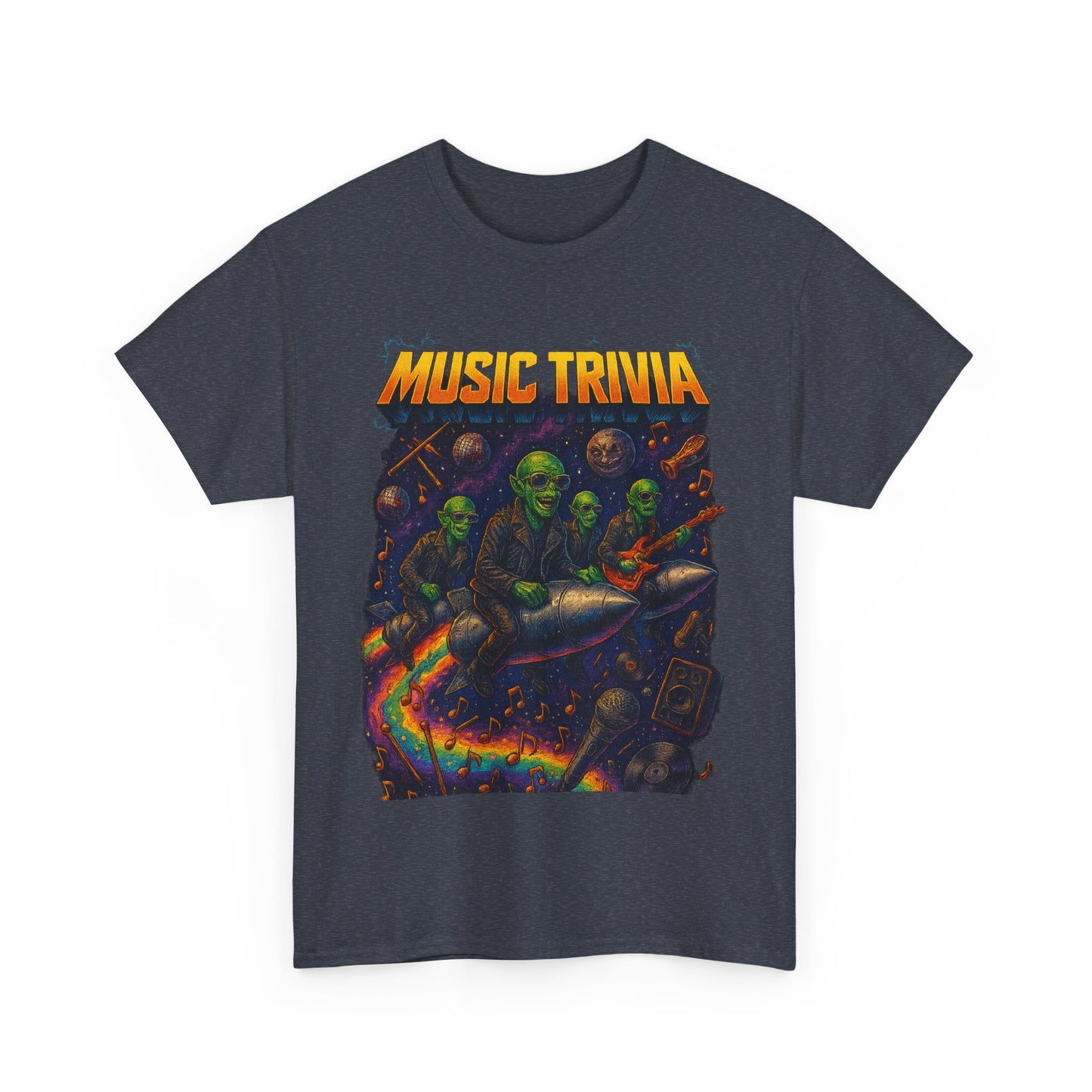 Printify music trivia t-shirt featuring zombie musicians riding a rocket with colorful musical notes