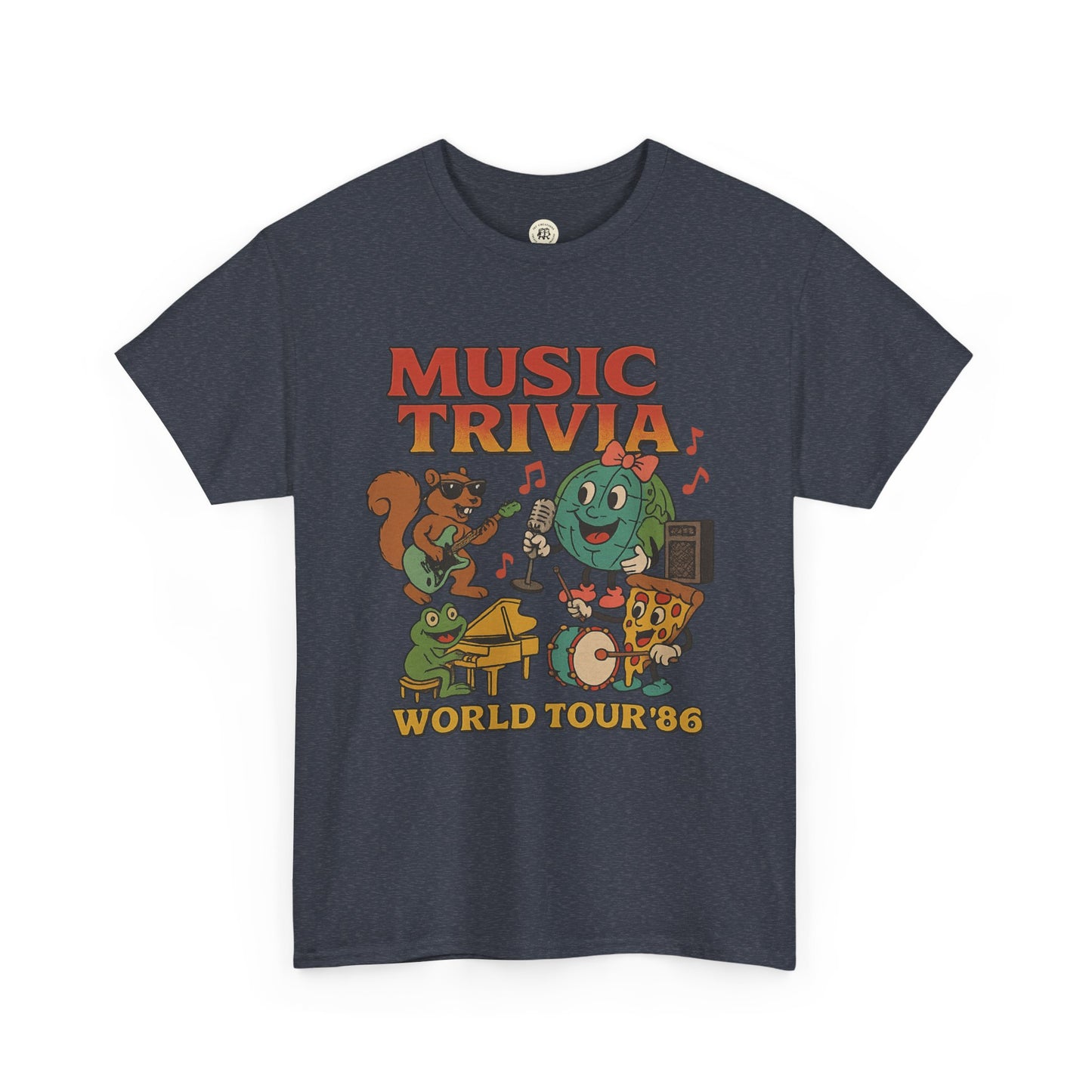 Printify music trivia t-shirt with colorful cartoon animals playing instruments and World Tour 86 text