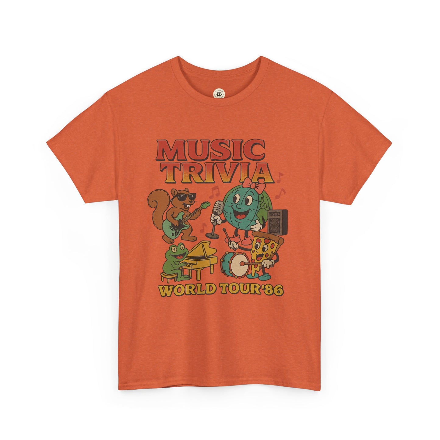 Orange Printify music trivia t-shirt featuring cartoon animals playing instruments and world tour text
