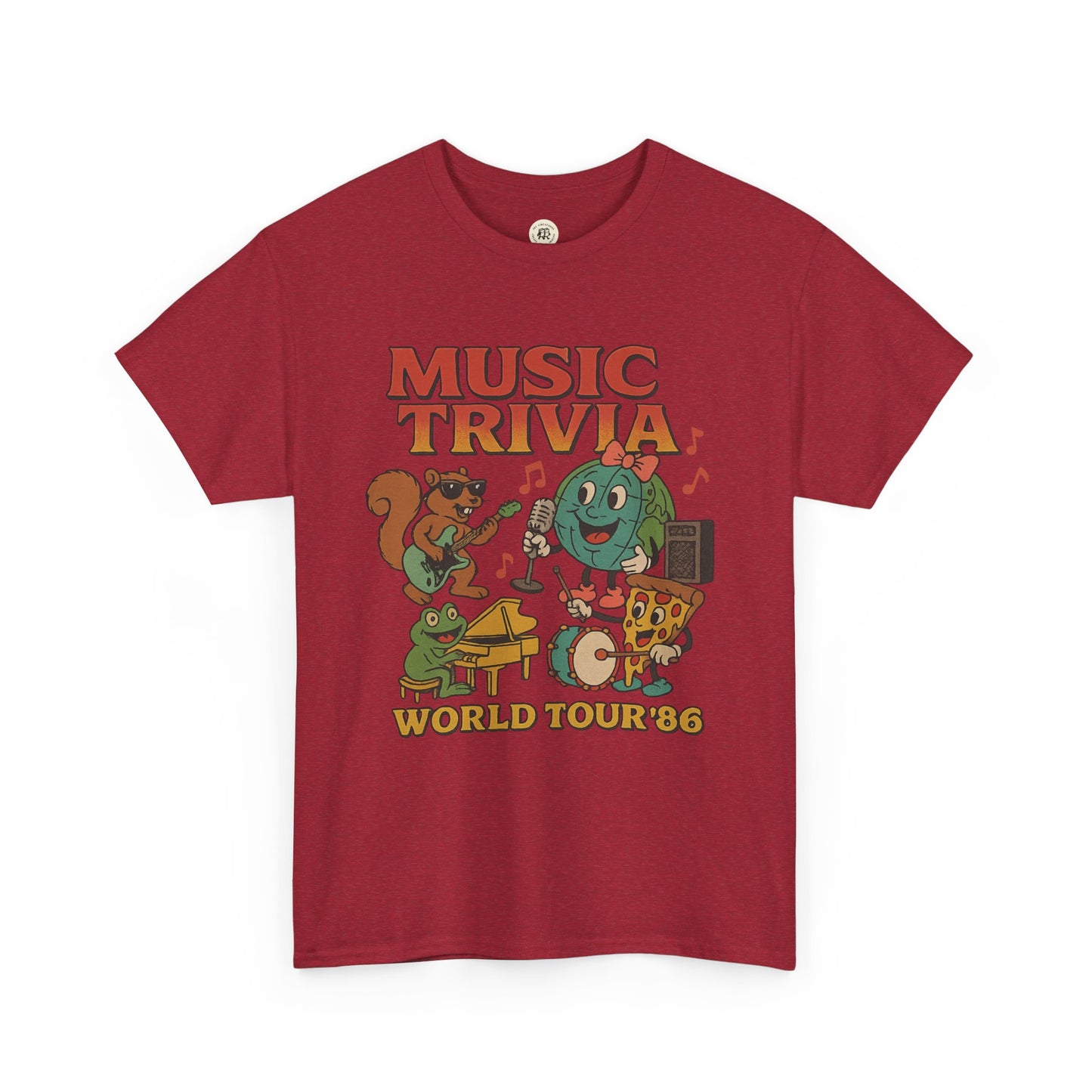 Red Printify music trivia t-shirt with fun cartoon characters and world tour 86 design