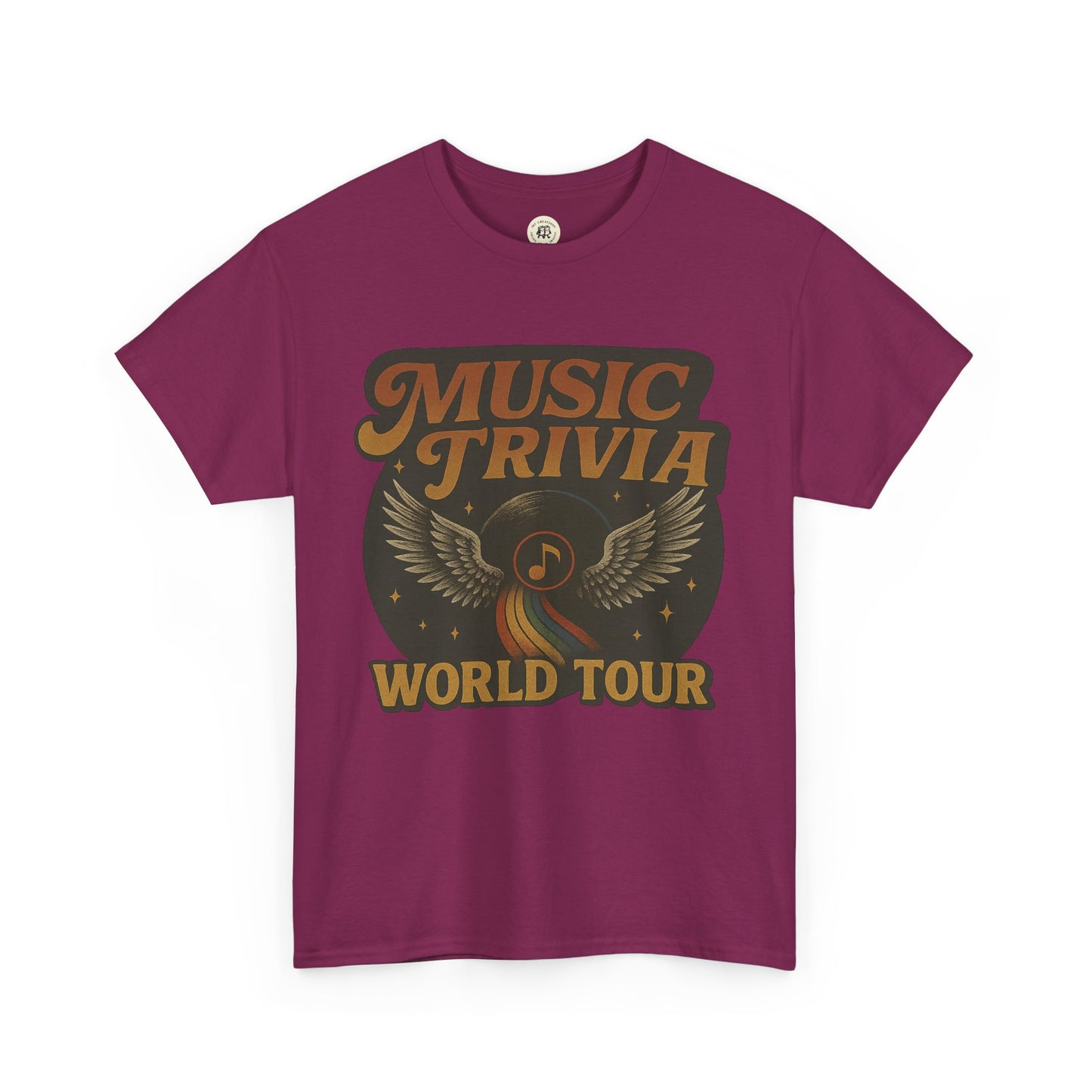 Purple Printify music trivia t-shirt with vintage music world tour graphic and winged vinyl record