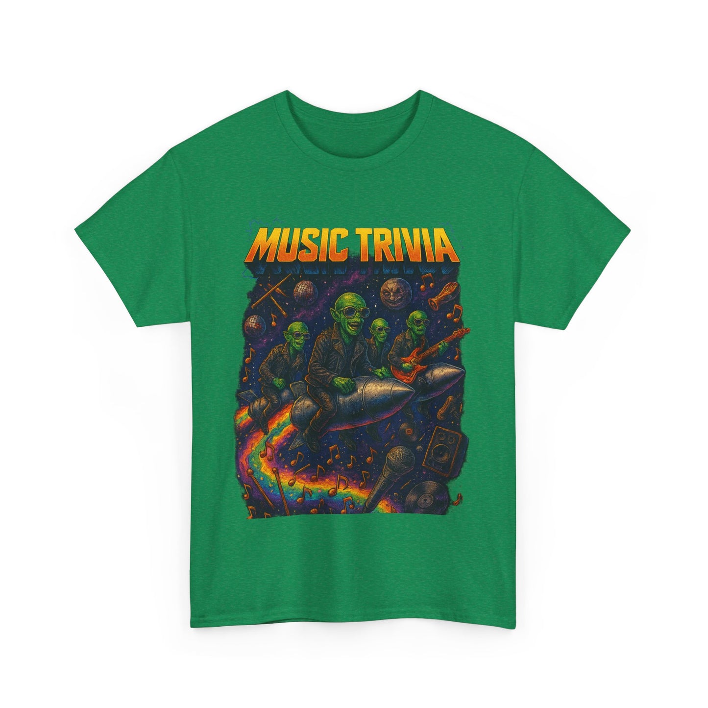 Green Printify music trivia t-shirt with colorful alien band riding a rocket in space graphic