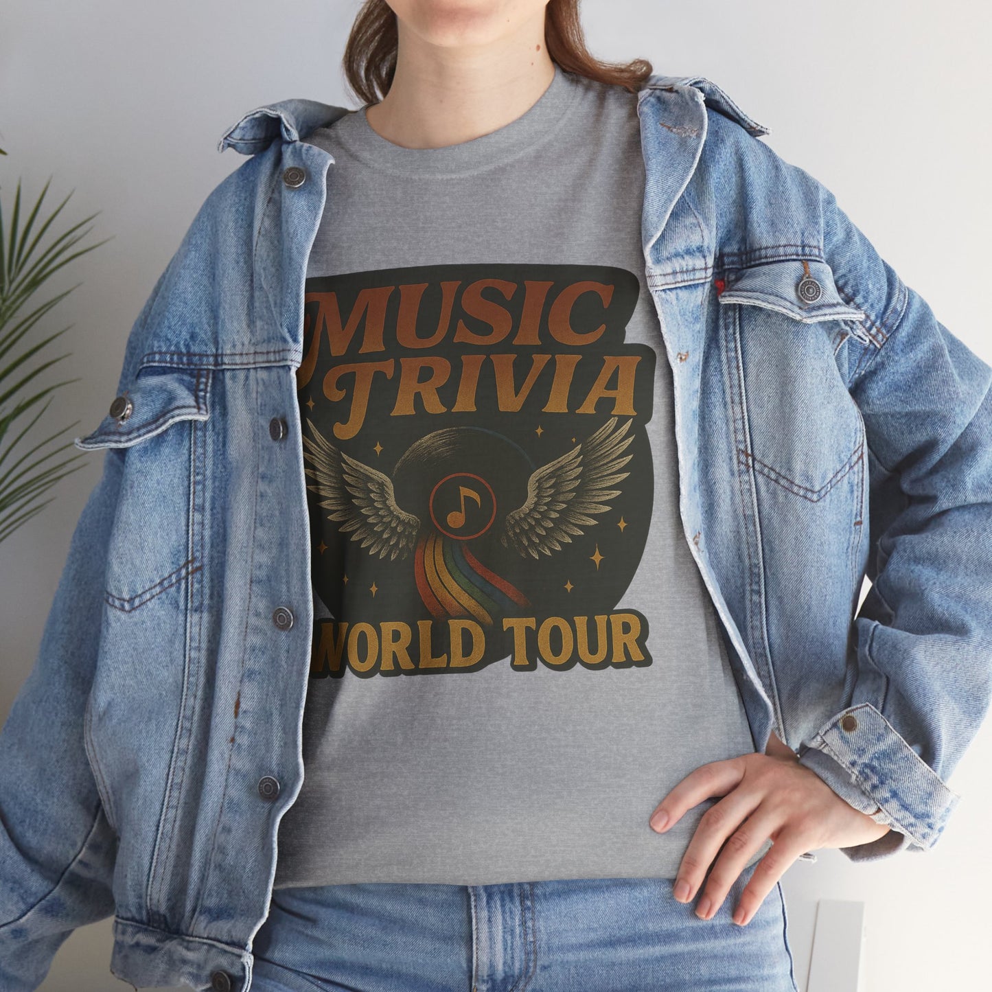 Gray music trivia t-shirt with vintage world tour design worn under denim jacket