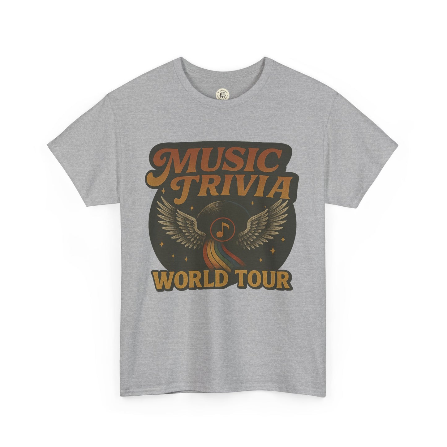 Gray Printify music trivia t-shirt with vintage music note and wings graphic and world tour text