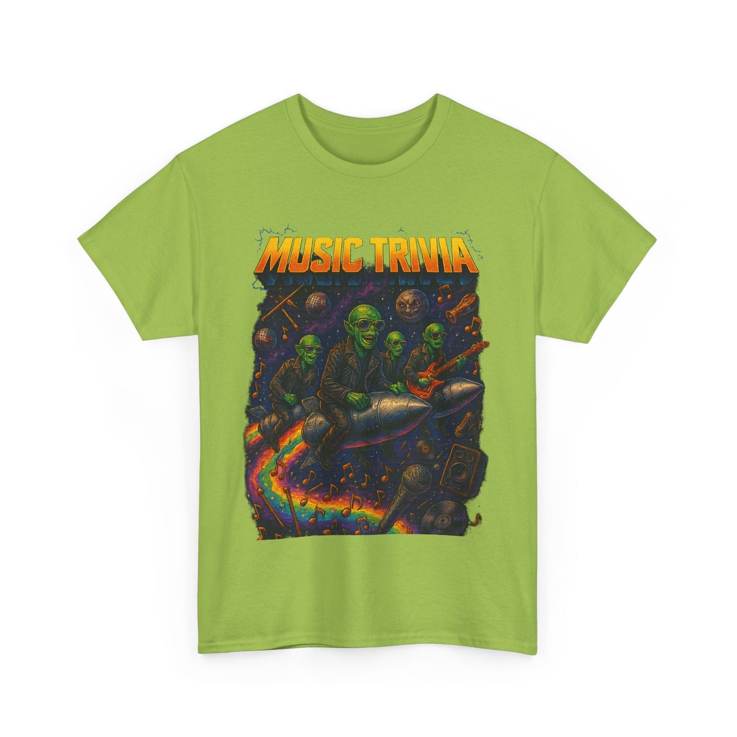 Green music trivia t-shirt by Printify featuring alien musicians riding a rocket with colorful musical notes