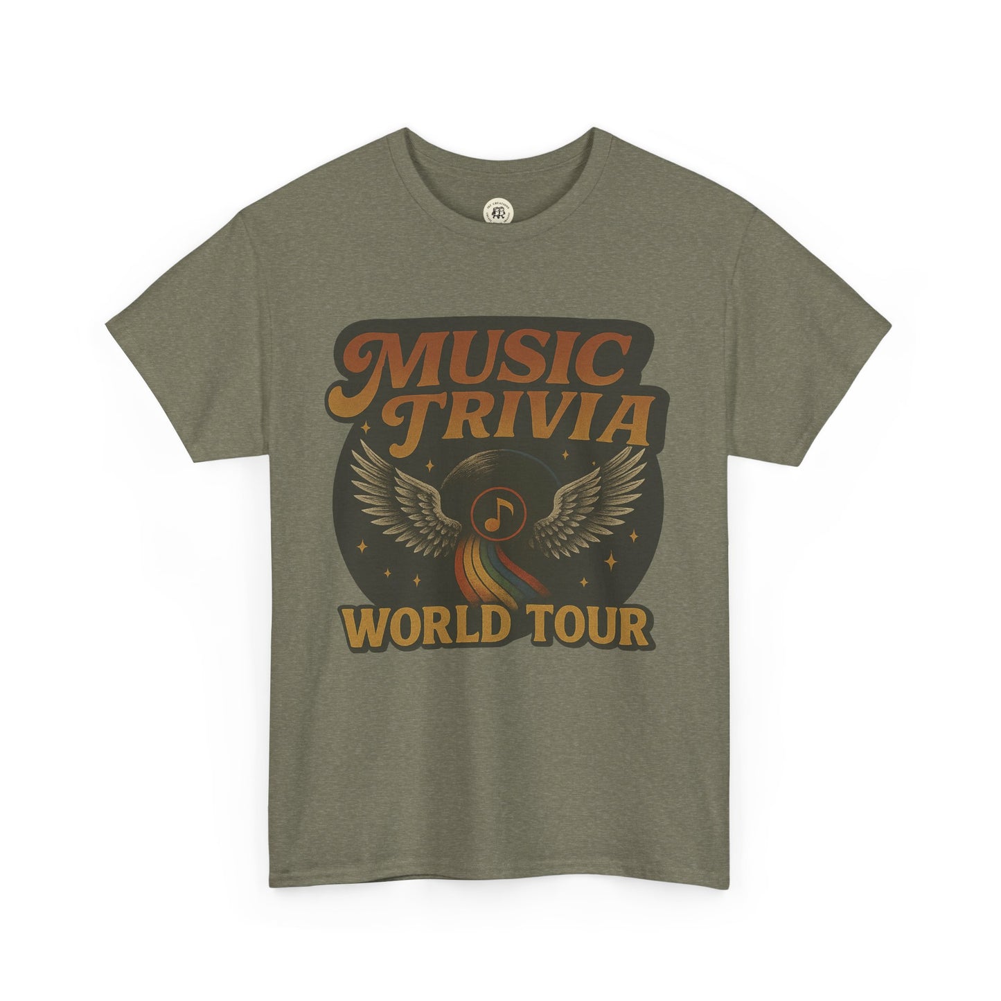 Printify music trivia t-shirt with vintage wings and world tour design in olive green