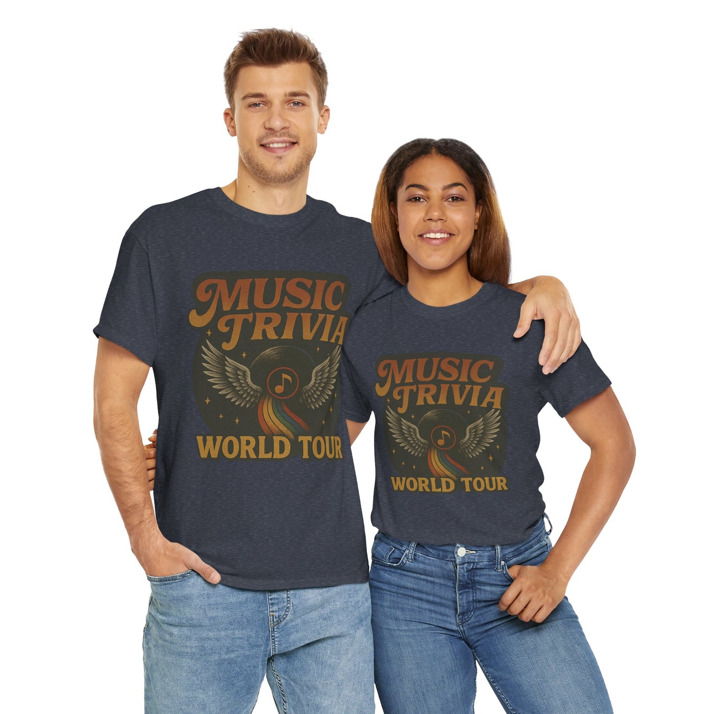 Music trivia t-shirt in dark color worn by man and woman featuring world tour graphic design