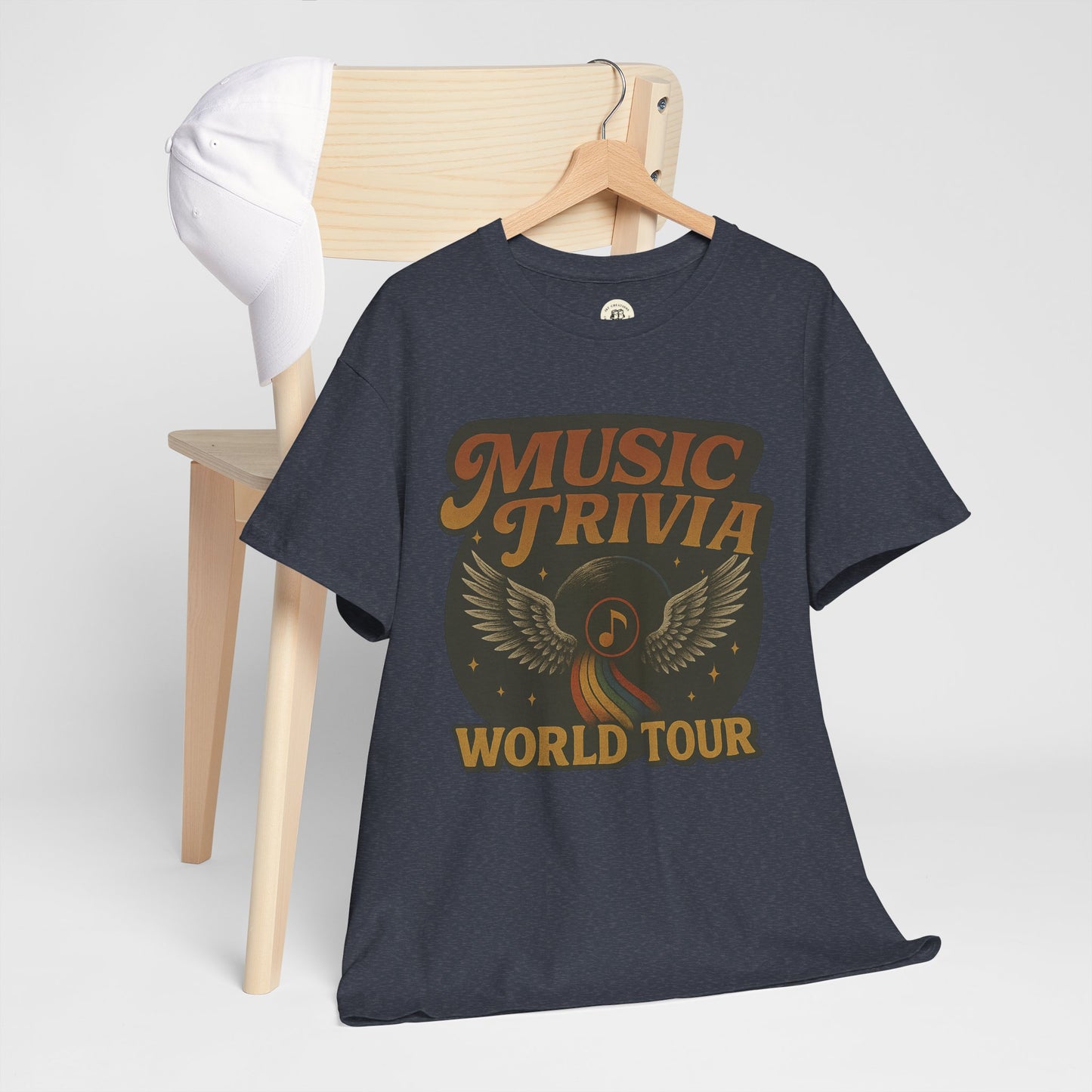 Printify music trivia t-shirt in dark color with vintage music world tour graphic design