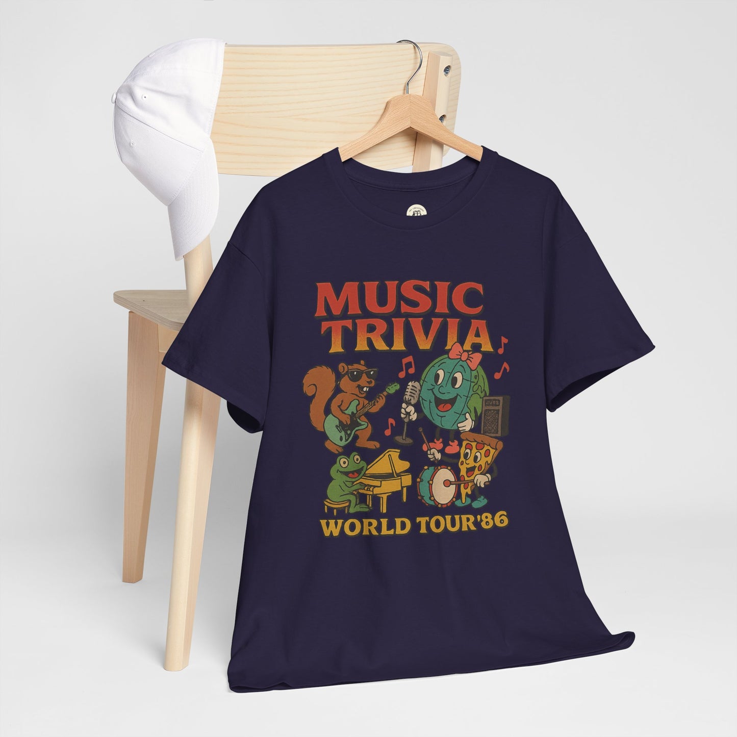 Printify music trivia t-shirt in navy blue with colorful cartoon instruments and animals design