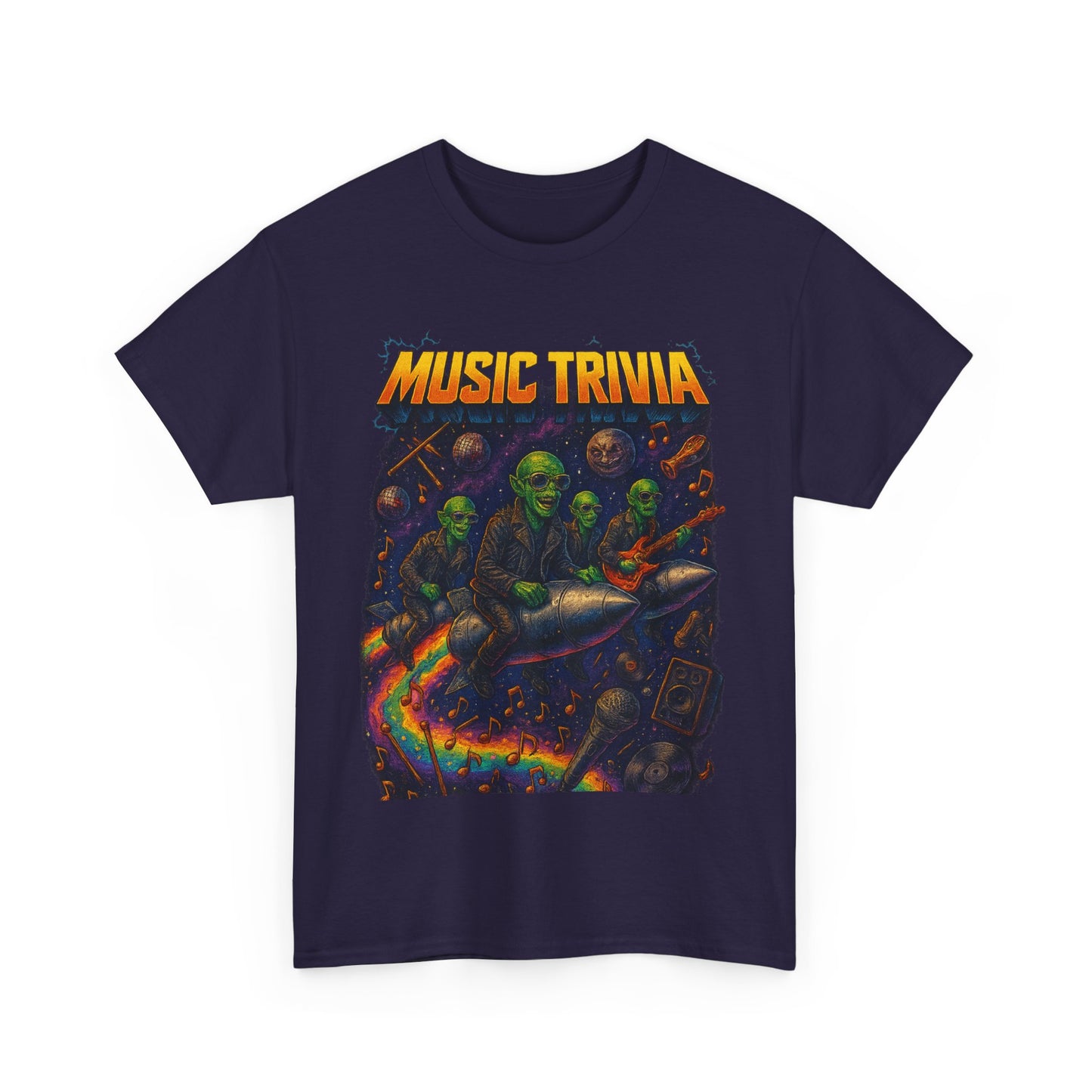 Navy Printify music trivia t-shirt featuring a colorful alien band riding a rocket with musical notes