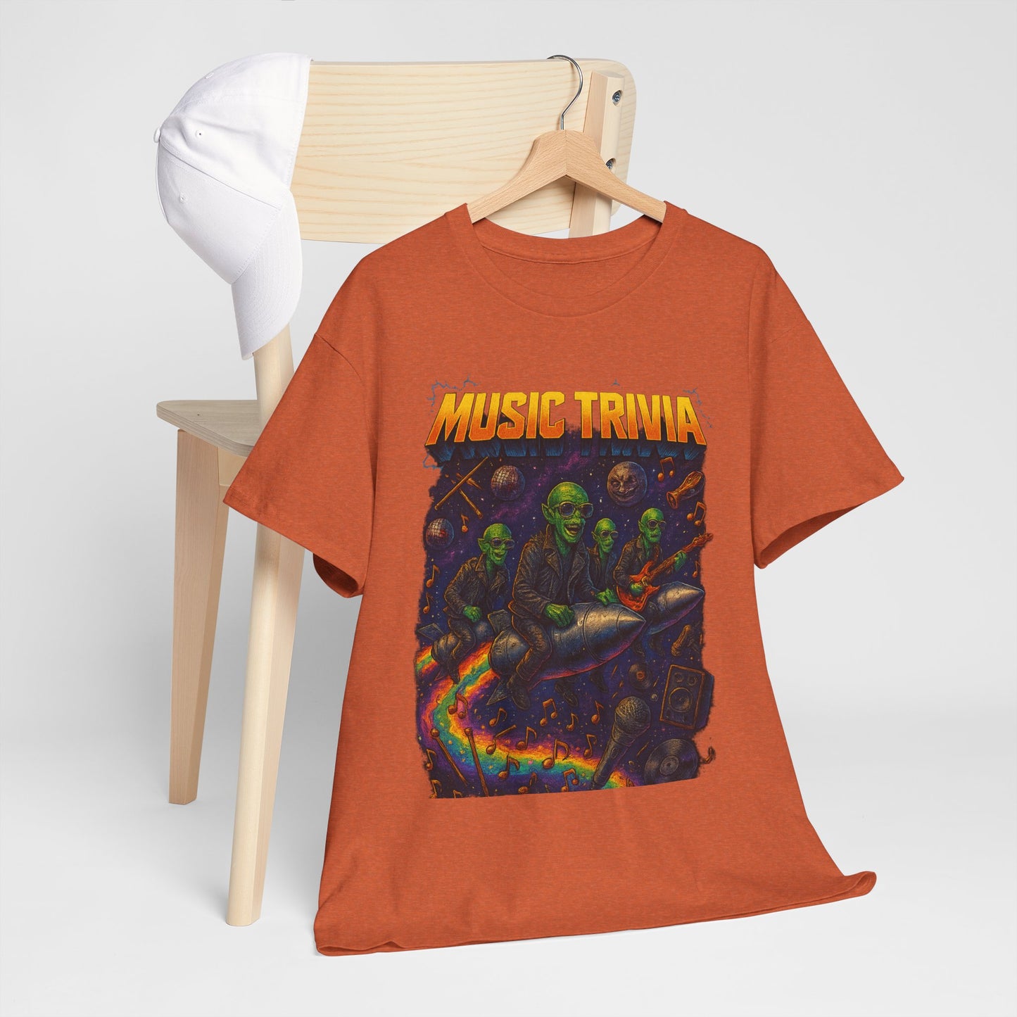 Printify orange music trivia t-shirt with colorful zombie astronauts playing instruments graphic