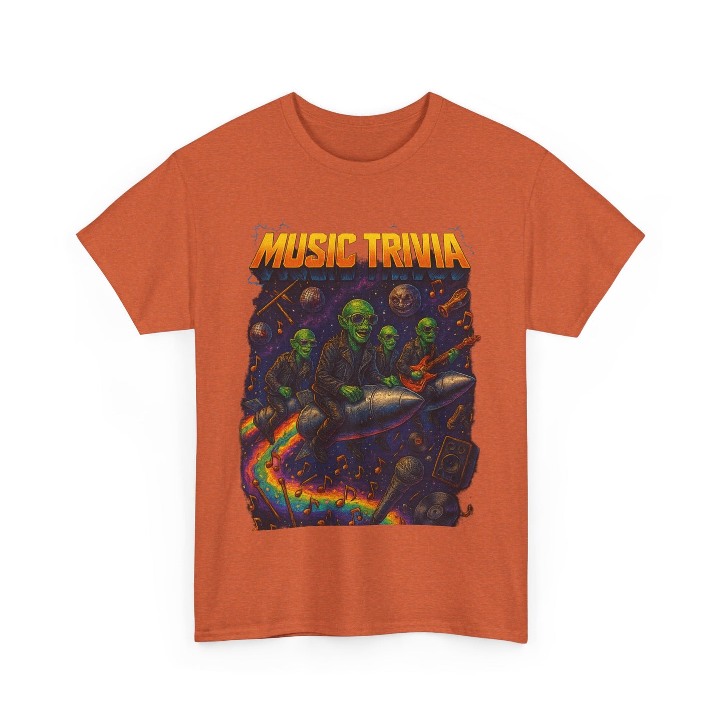 Printify orange music trivia t-shirt featuring skeletons playing guitar on a rocket with colorful cosmic background