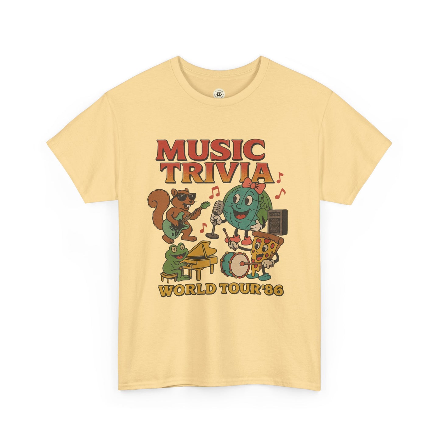 Printify beige music trivia t-shirt with fun cartoon animals playing instruments and text World Tour 86