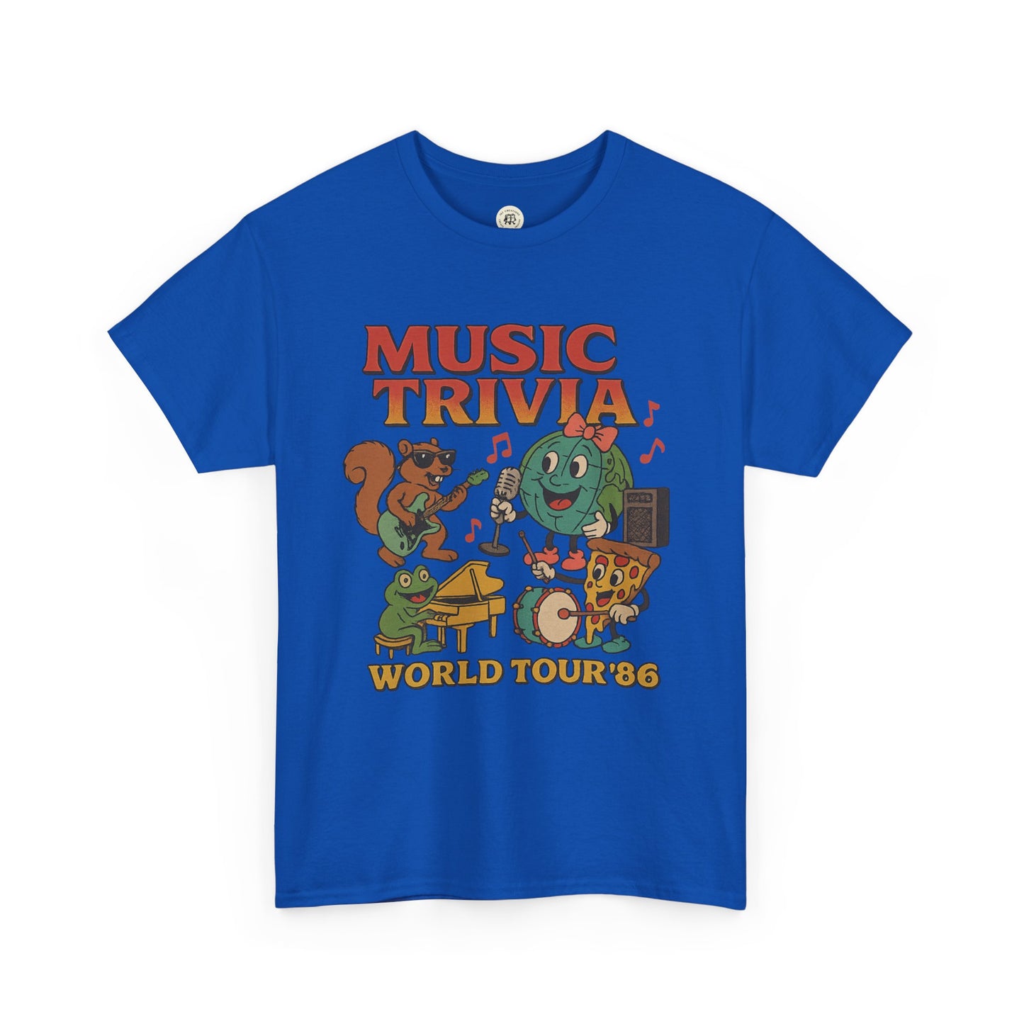 Blue Printify music trivia t-shirt with colorful cartoon characters and World Tour 86 design