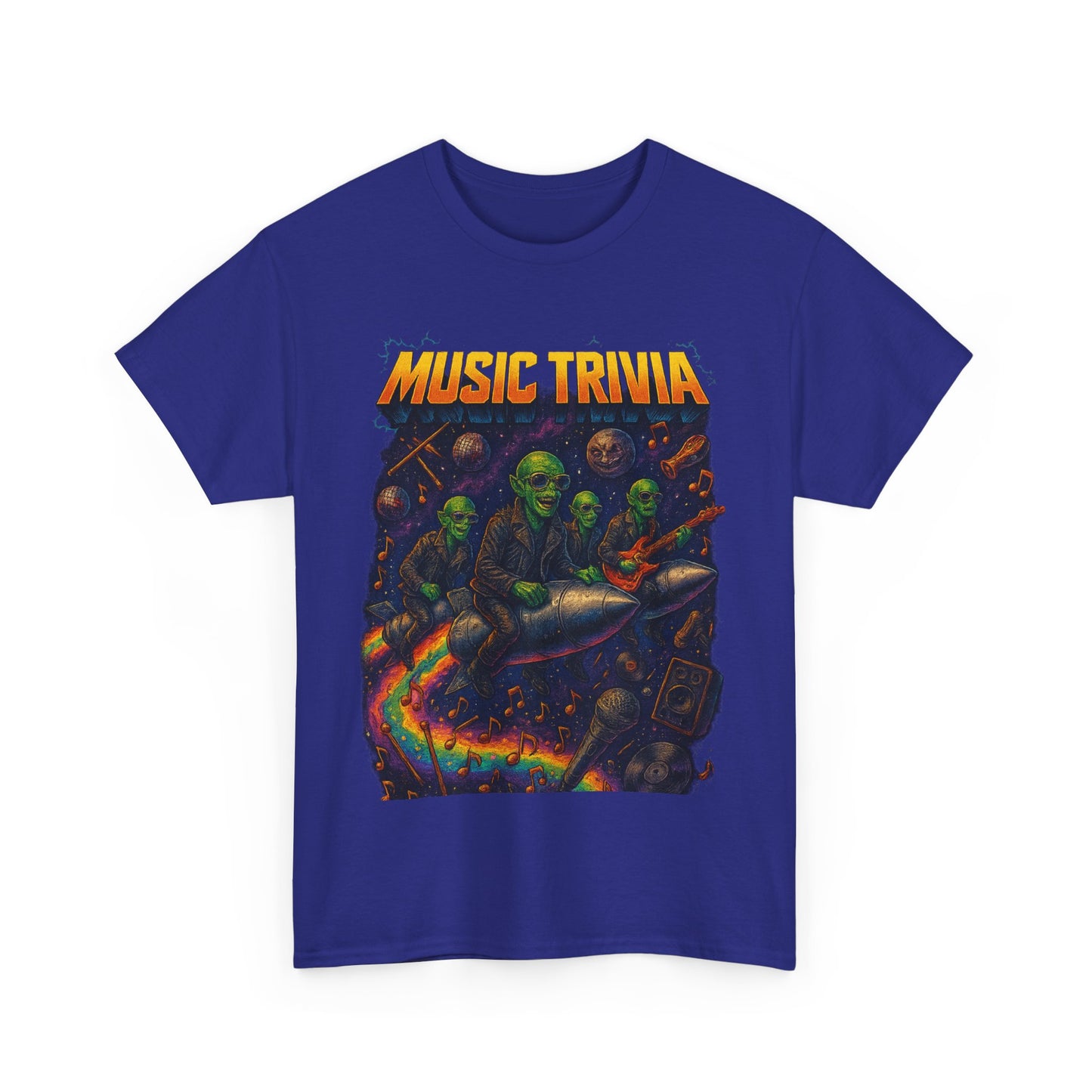 Purple music trivia t-shirt featuring green aliens playing instruments on a colorful rocket design