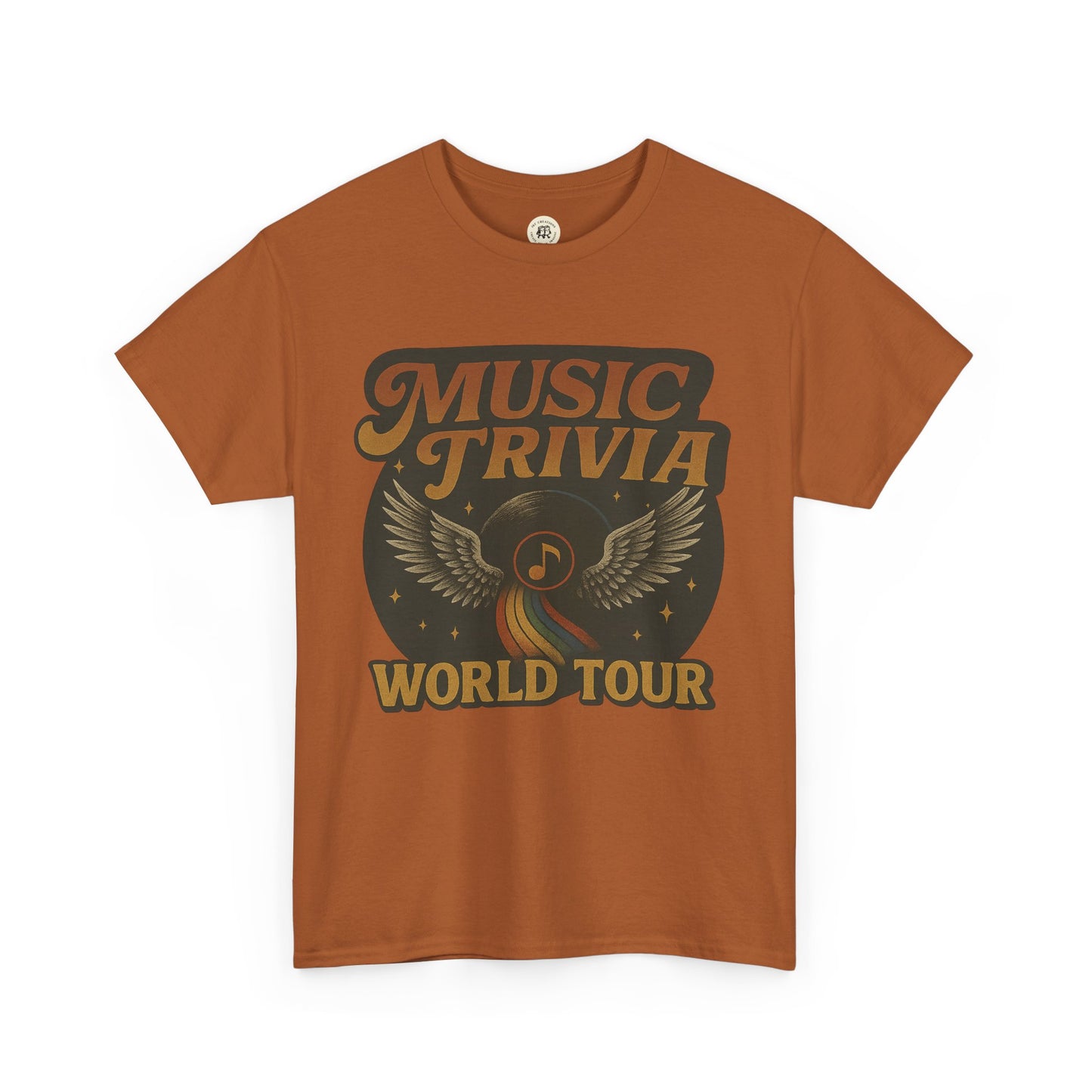 Brown Printify music trivia t-shirt with wings and world tour graphic design