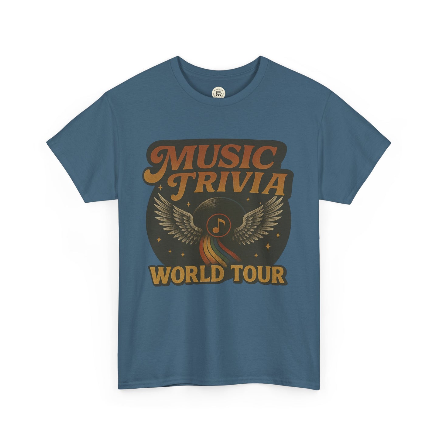 Printify music trivia t-shirt in blue with vintage winged music note and world tour text