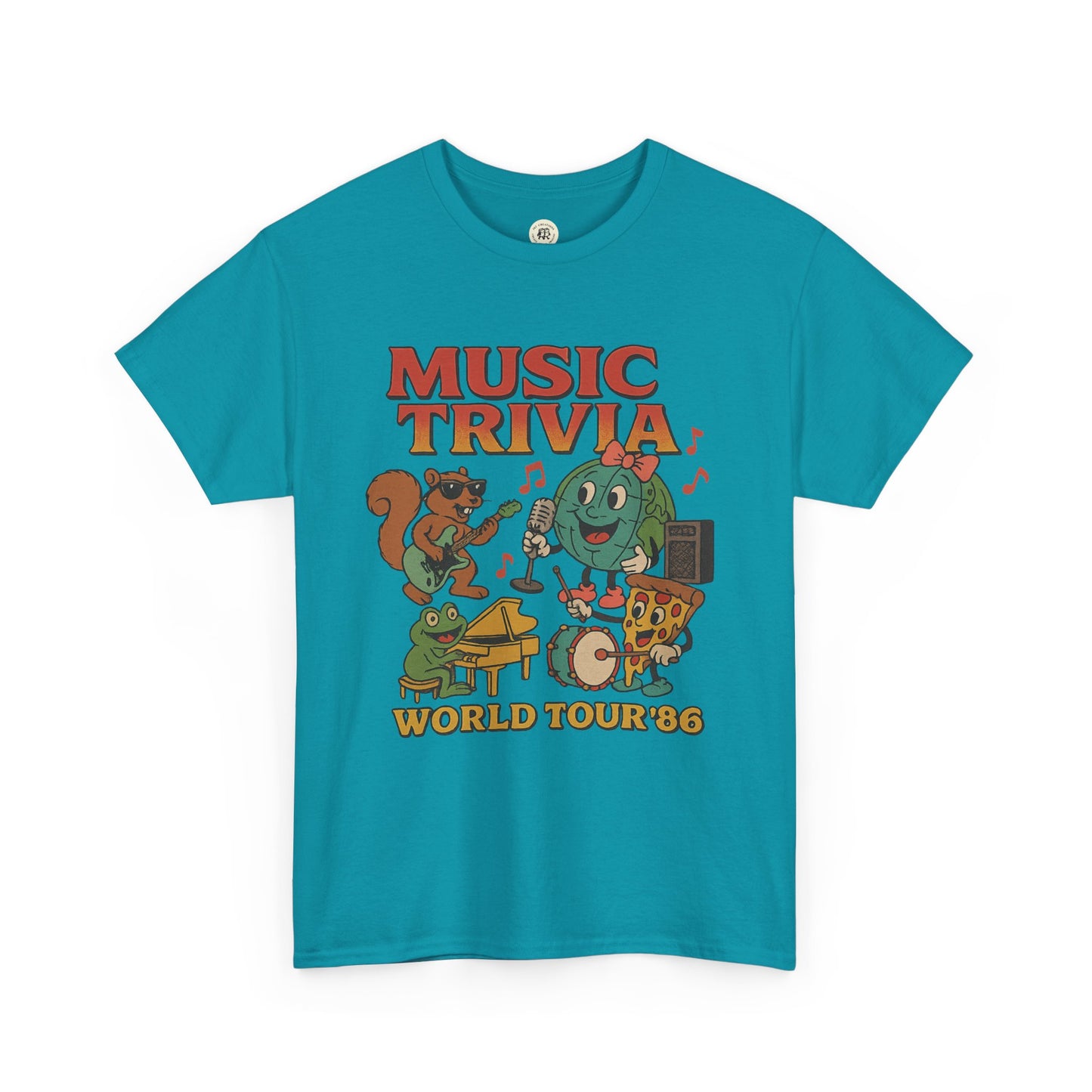 Teal music trivia t-shirt by Printify with cartoon animals playing instruments and World Tour 86 text