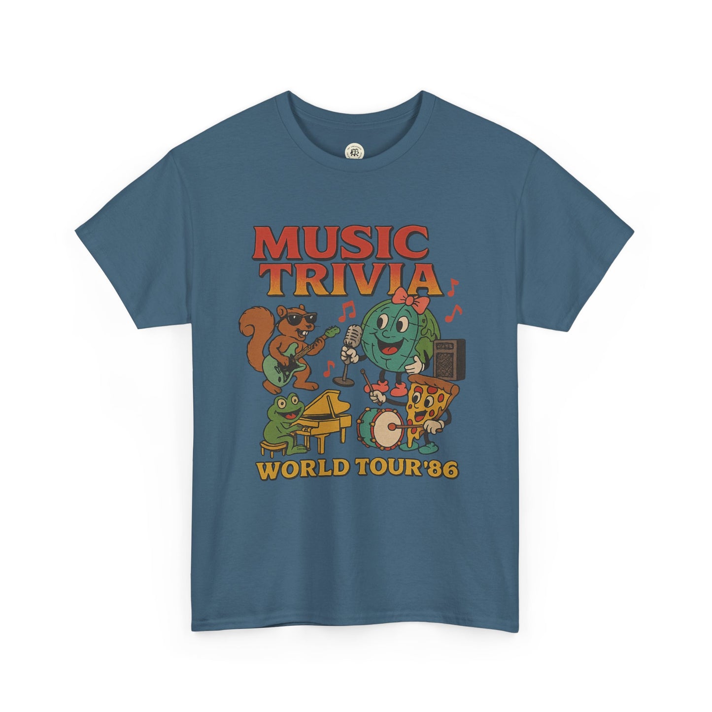 Printify blue music trivia t-shirt with cartoon animals playing instruments and world tour 86 text