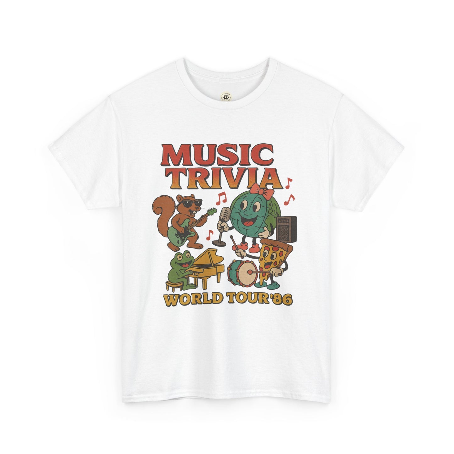 White Printify music trivia t-shirt with cartoon characters playing instruments and World Tour 86 text