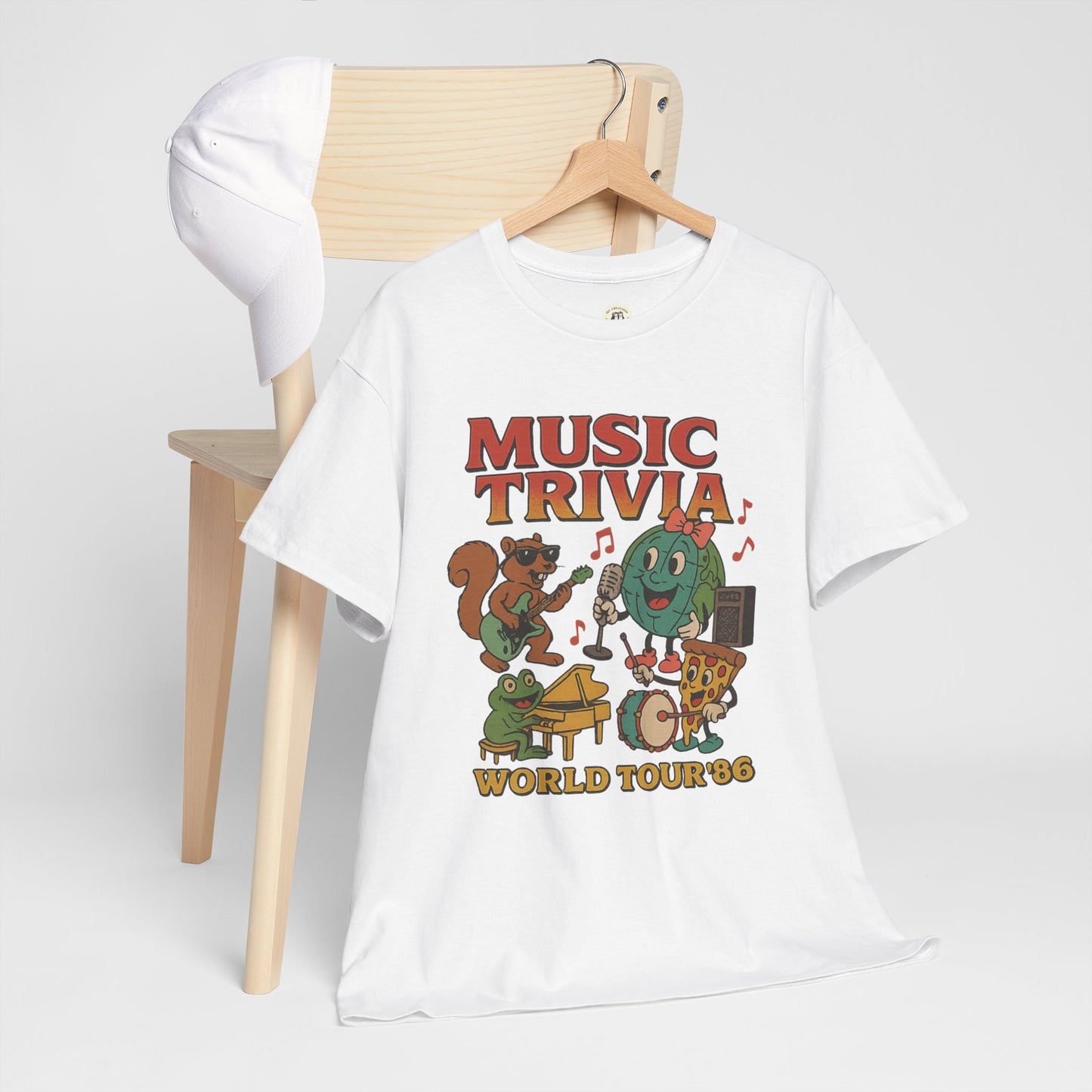 White Printify music trivia t-shirt featuring cartoon animals playing instruments and pizza on a chair