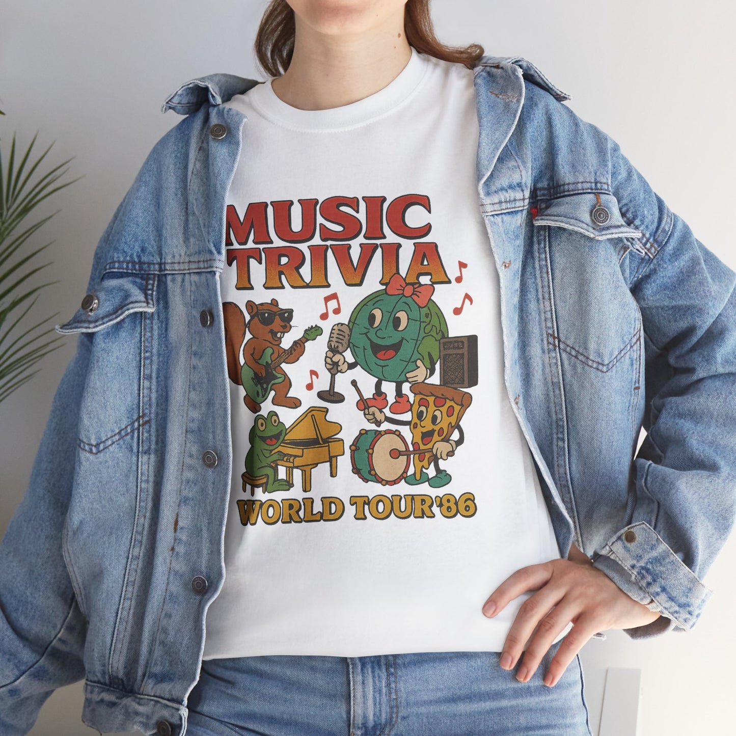 White Printify music trivia t-shirt featuring cartoon characters and world tour 86 design