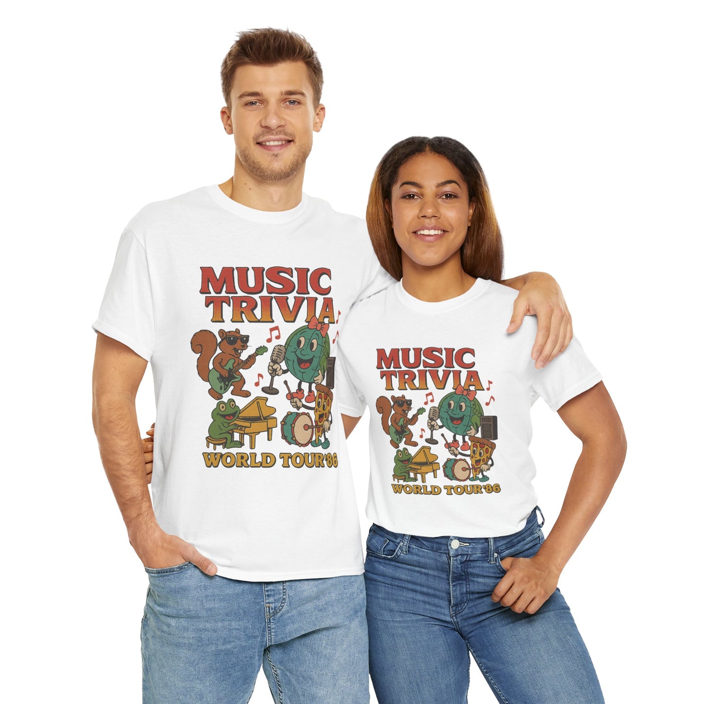 Printify music trivia t-shirt with cartoon animals playing instruments on white fabric