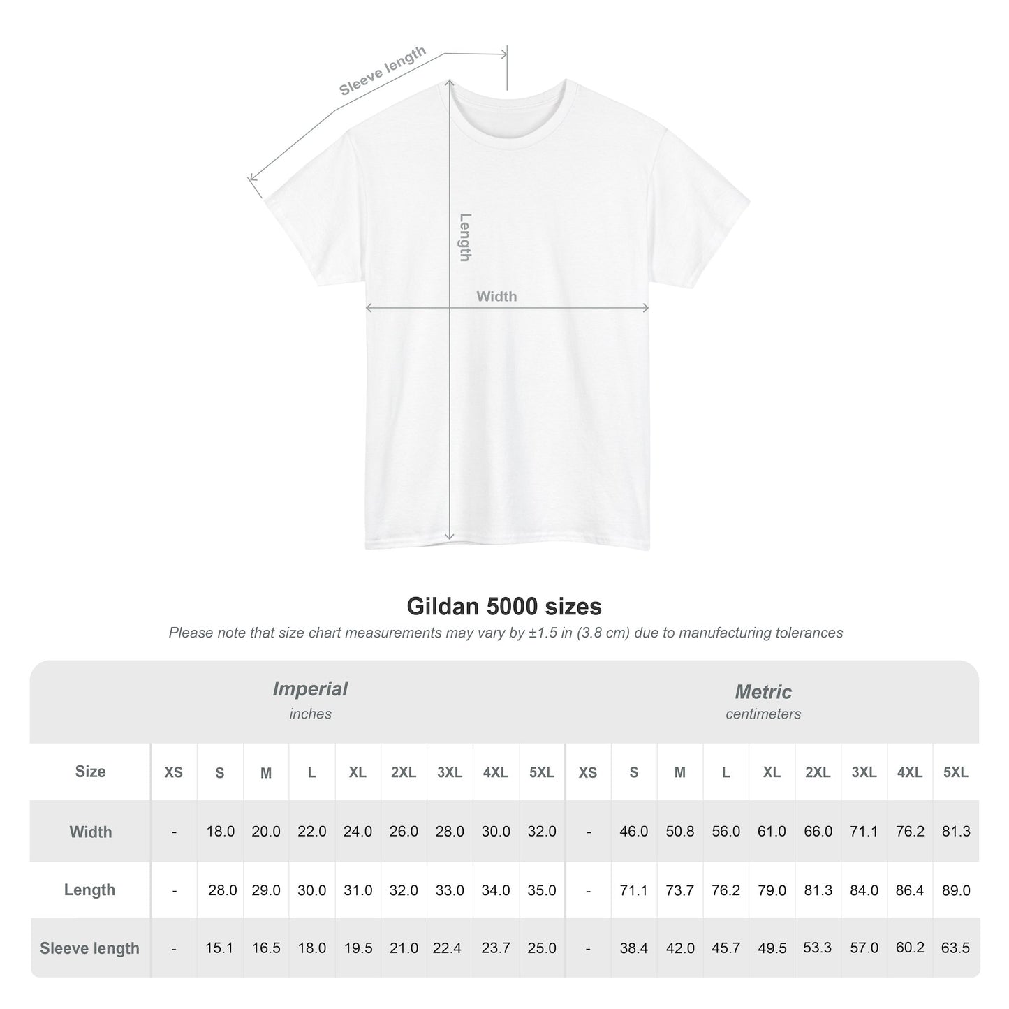 White Gildan 5000 T-shirt size chart showing measurements for sleeve length width and length for music trivia t-shirt