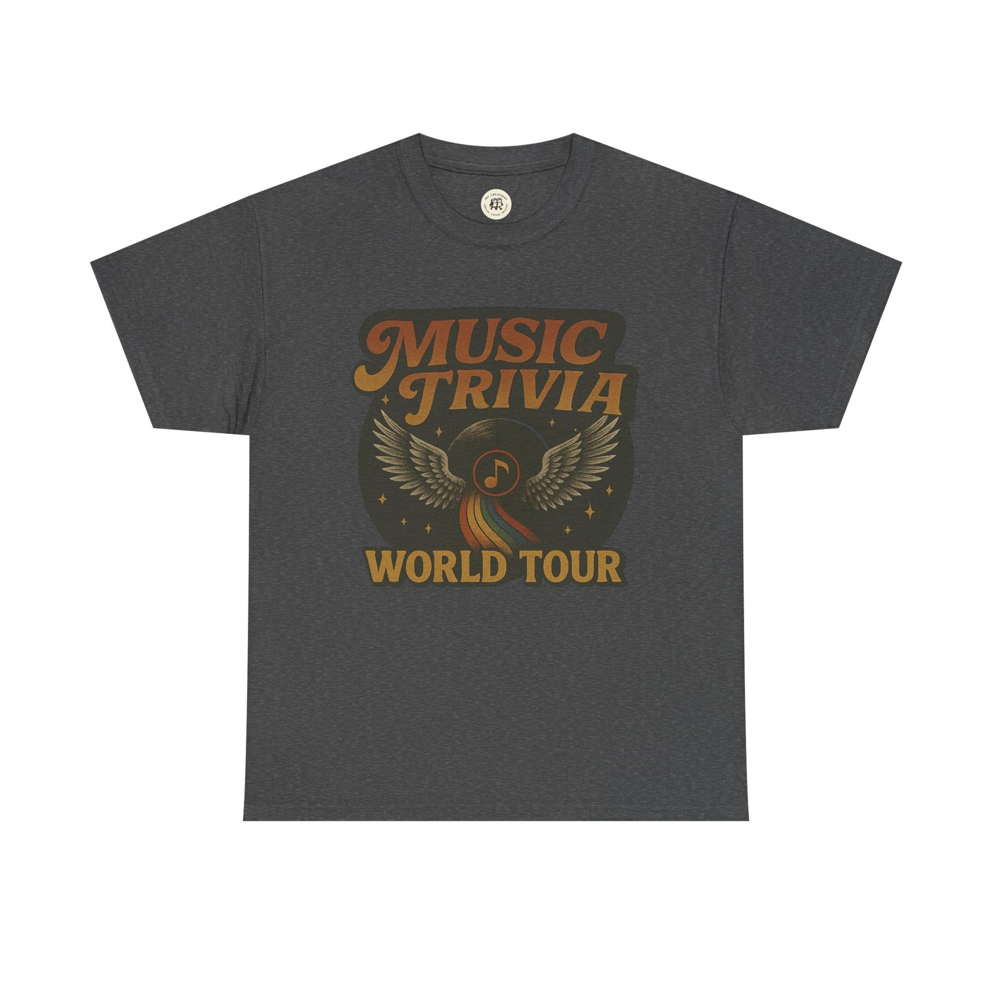 Dark gray music trivia t-shirt with vintage style world tour graphic and winged music note design