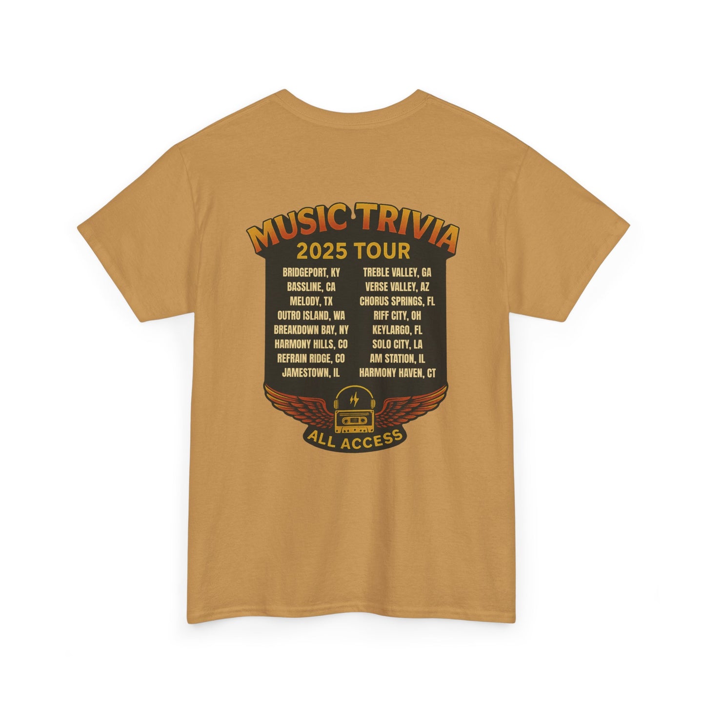 Printify music trivia t-shirt featuring 2025 tour cities list and all access pass design on brown fabric