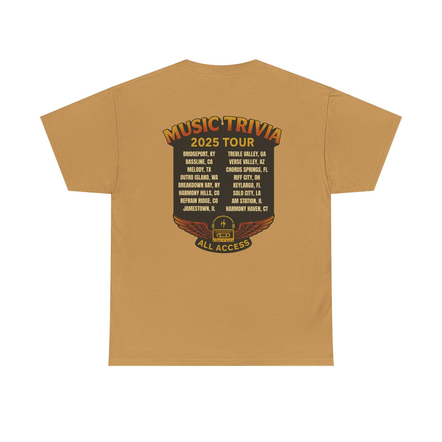 Printify music trivia t-shirt in tan with 2025 tour dates and all access pass design on back