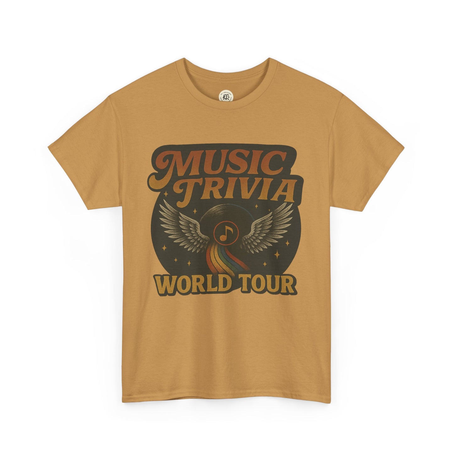 Printify mustard music trivia t-shirt with winged vinyl record and world tour design