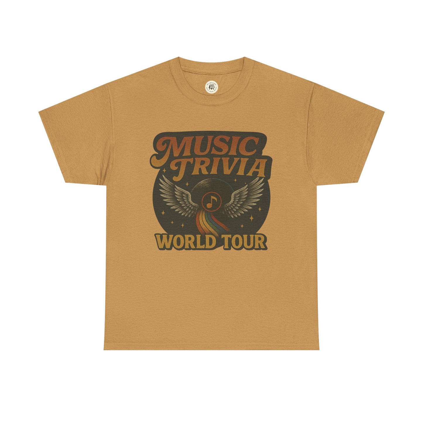 Printify brown music trivia t-shirt with winged music note and world tour graphic