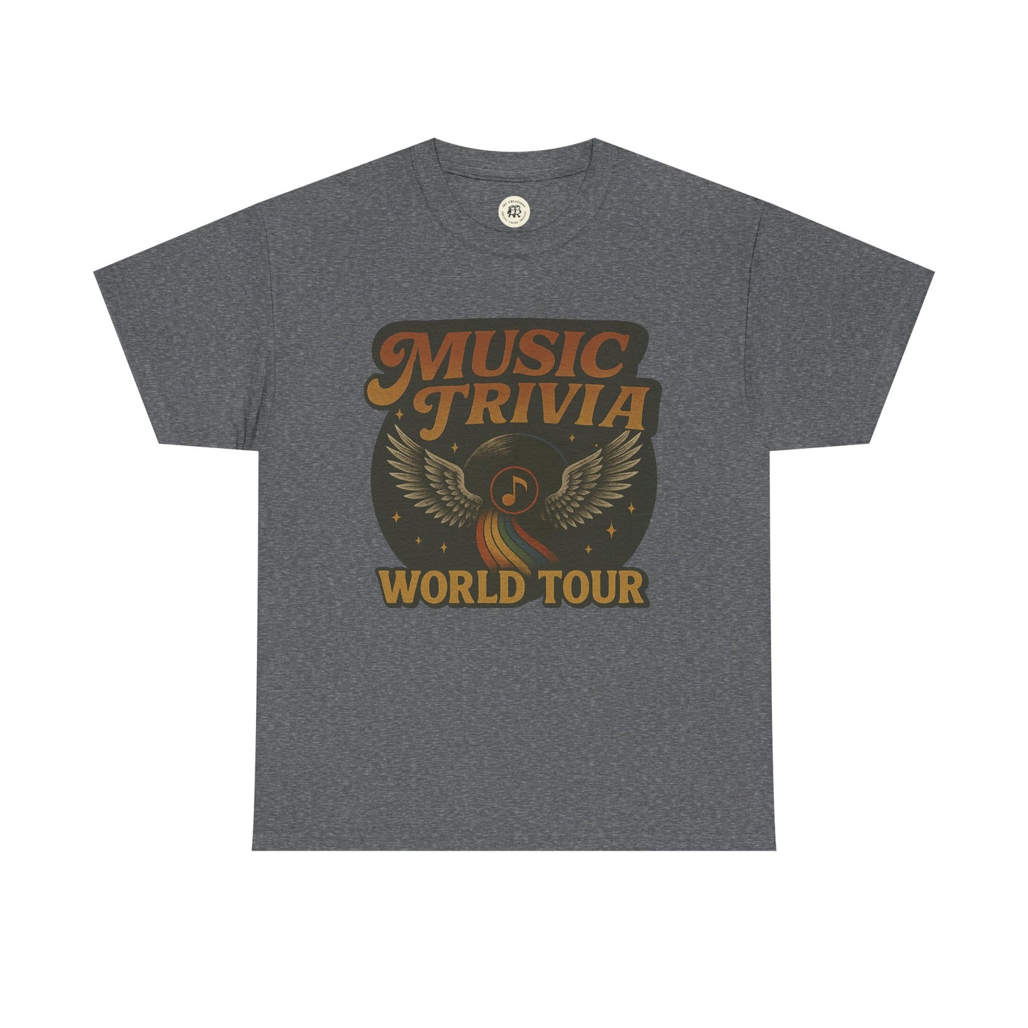 Printify gray music trivia t-shirt with vintage wings and music note design for world tour fans