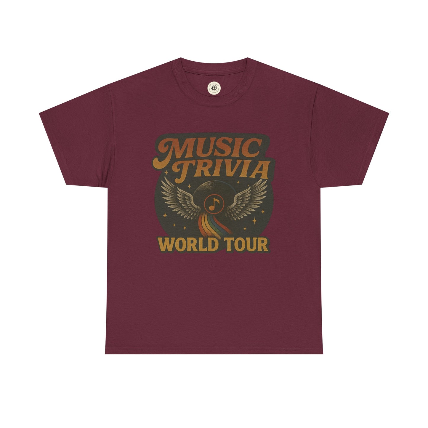 Maroon Printify music trivia t-shirt with winged music note and world tour graphic