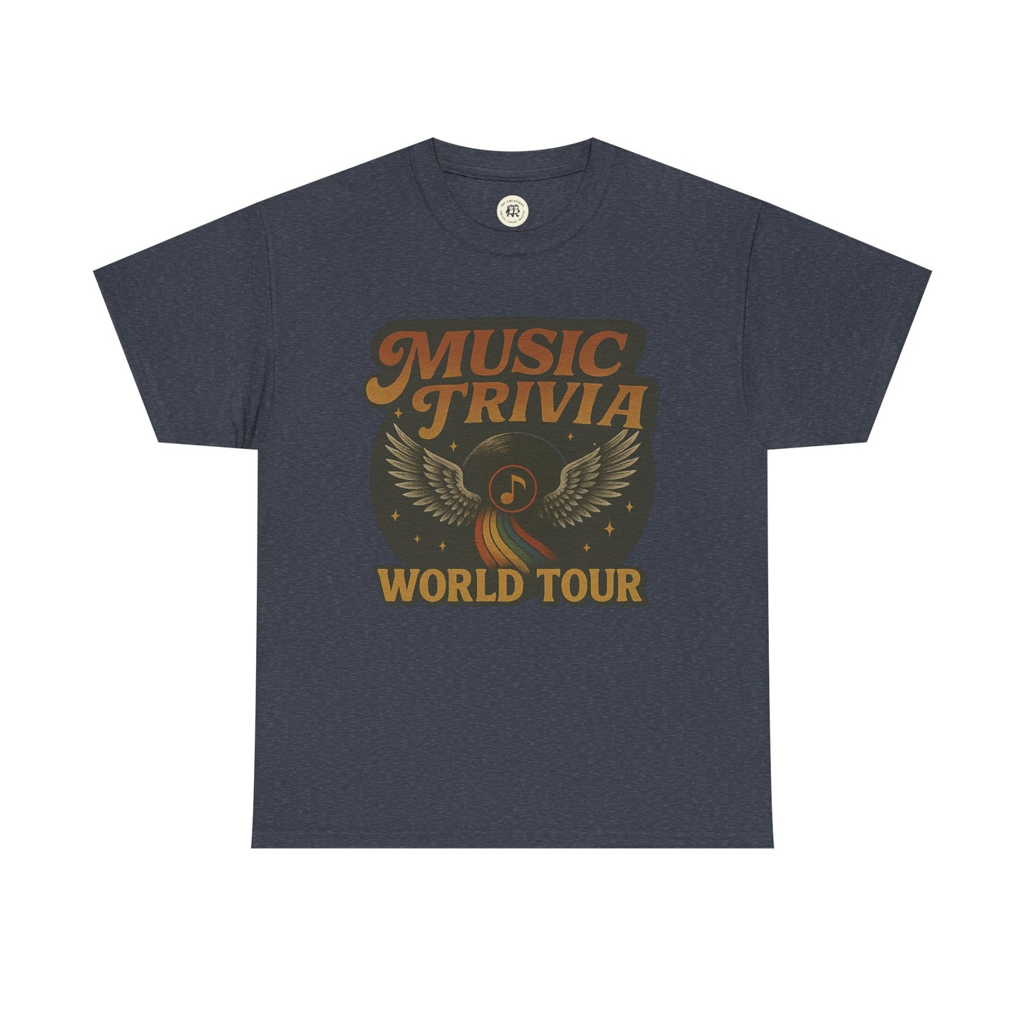 Dark gray music trivia t-shirt with vintage style wings and world tour graphic print
