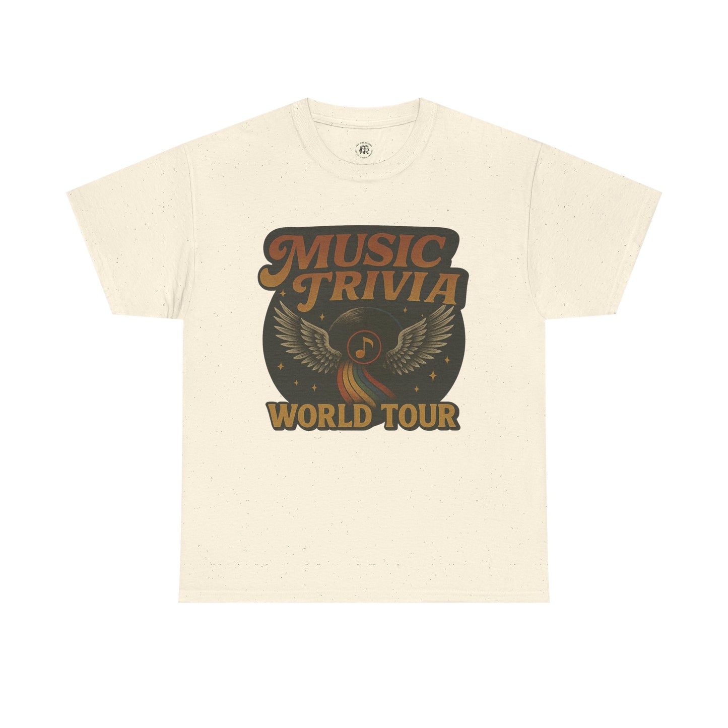 Printify music trivia t-shirt with vintage world tour design and winged music note graphic