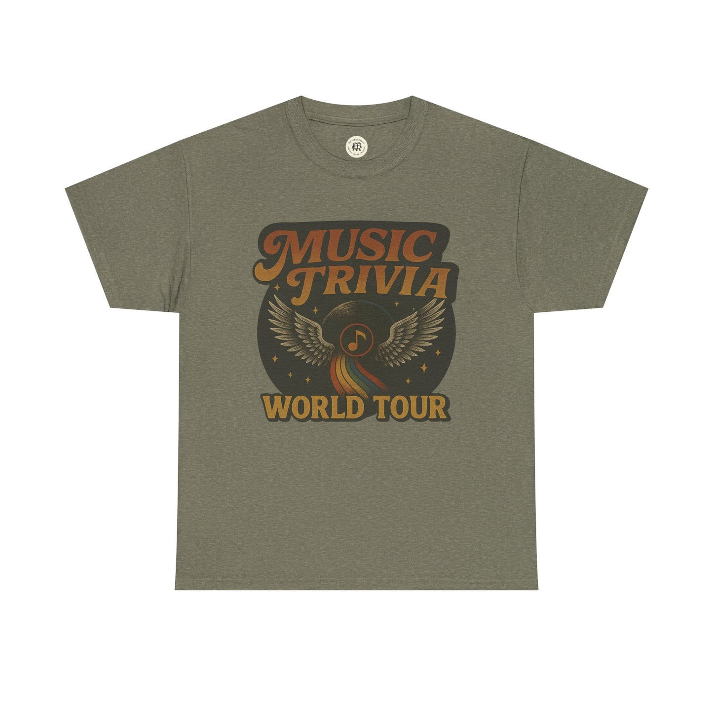 Printify music trivia t-shirt in olive green with vintage style music trivia world tour graphic