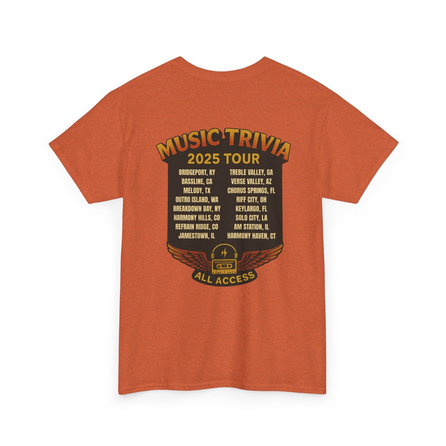 Orange music trivia t-shirt by Printify featuring a 2025 tour dates design on the back with all access pass graphic